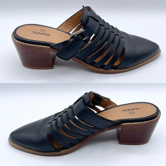 Susina Sondra Lea Leather Mules Black Stacked Low Block Heel Slip On Shoes 8 - Picture 9 of 16